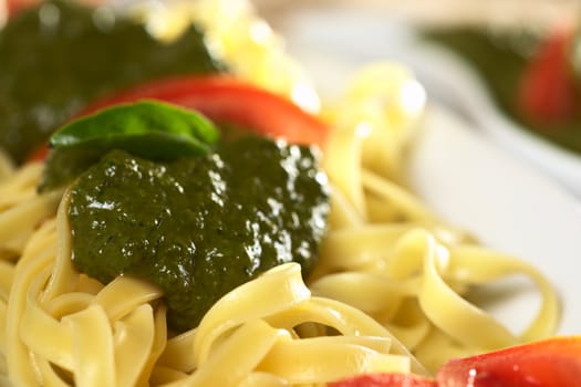 Yellow tagliatelle with fresh pesto made of basil and garlic (Selective Focus, Focus on the front of the pesto)
