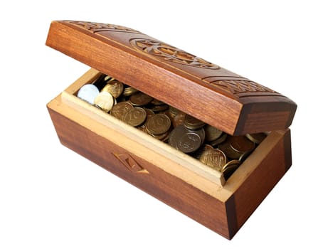 box with coins over white