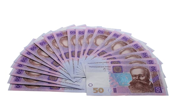 fan shaped fifty hrivnas (Ukraine) banknotes isolated on white