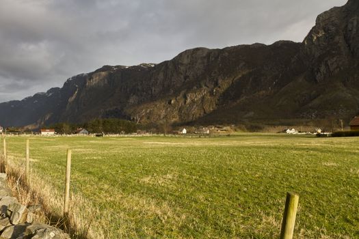 grassland with mountains in background - evening scene