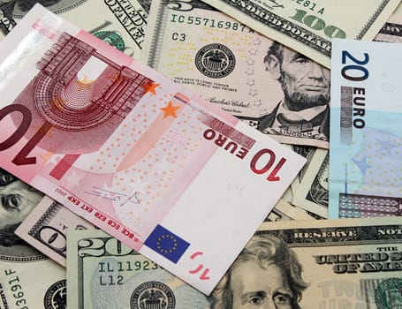 heap of euro and dollars banknotes