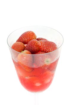 close up strawberry juice in glass  served with fresh strawberry 