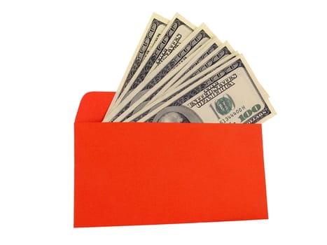 dollars in red envelope over white