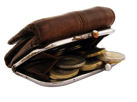old purse with euro coins over white