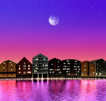 silhouette of fairytale town on night sky in the bright of the moon