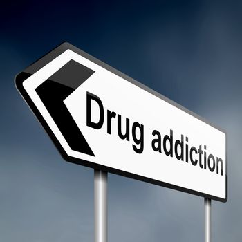 illustration depicting a sign post with directional arrow containing a drug addiction concept. Blurred background.