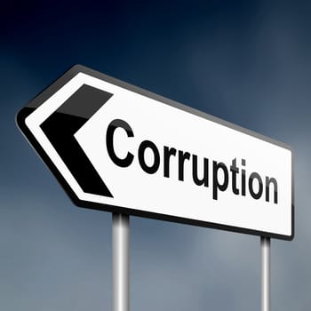 illustration depicting a sign post with directional arrow containing a corruption concept. Blurred background.