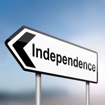illustration depicting a sign post with directional arrow containing an independence concept. Blurred background.