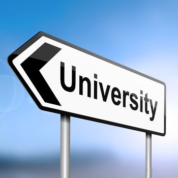 illustration depicting a sign post with directional arrow containing a university concept. Blurred blue sky background.