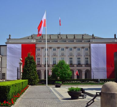 Presidential Palace in Warsaw decorated with polish flags on Constitution Day third of May.