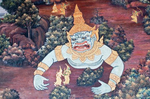 Thai Mural Painting on the wall, Wat Phra Kaew, Bangkok, Thailand (Ramayana story). The temple is created with money donated by people it is public domain and open to the public Visits.