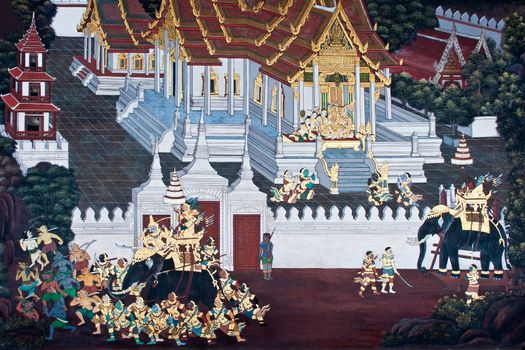 Thai Mural Painting on the wall, Wat Phra Kaew, Bangkok, Thailand (Ramayana story). The temple is created with money donated by people it is public domain and open to the public Visits.