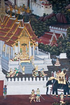 Thai Mural Painting on the wall, Wat Phra Kaew, Bangkok, Thailand (Ramayana story). The temple is created with money donated by people it is public domain and open to the public Visits.