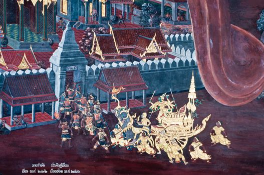 Thai Mural Painting on the wall, Wat Phra Kaew, Bangkok, Thailand (Ramayana story). The temple is created with money donated by people it is public domain and open to the public Visits.