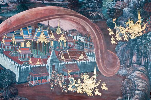 Thai Mural Painting on the wall, Wat Phra Kaew, Bangkok, Thailand (Ramayana story). The temple is created with money donated by people it is public domain and open to the public Visits.