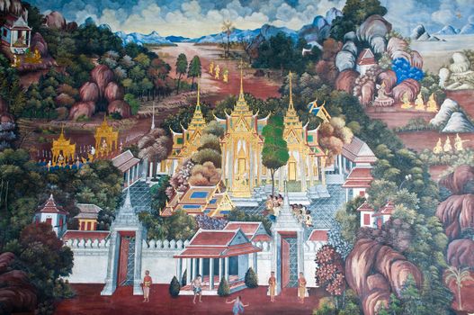 Thai Mural Painting on the wall, Wat Phra Kaew, Bangkok, Thailand (Ramayana story). The temple is created with money donated by people it is public domain and open to the public Visits.