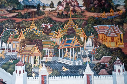 Thai Mural Painting on the wall, Wat Phra Kaew, Bangkok, Thailand (Ramayana story). The temple is created with money donated by people it is public domain and open to the public Visits.