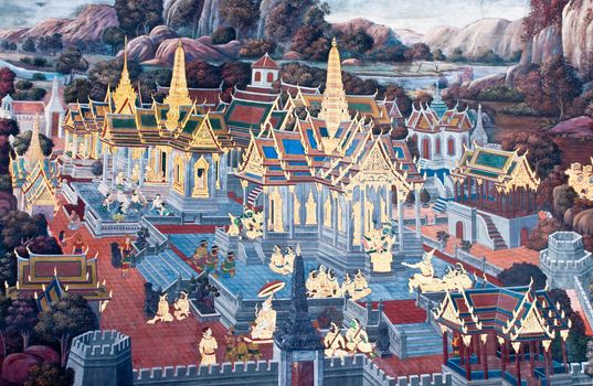 Thai Mural Painting on the wall, Wat Phra Kaew, Bangkok, Thailand (Ramayana story). The temple is created with money donated by people it is public domain and open to the public Visits.