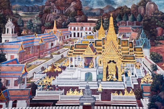 Thai Mural Painting on the wall, Wat Phra Kaew, Bangkok, Thailand (Ramayana story). The temple is created with money donated by people it is public domain and open to the public Visits.