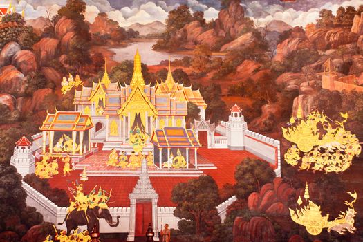 Thai Mural Painting on the wall, Wat Phra Kaew, Bangkok, Thailand (Ramayana story). The temple is created with money donated by people it is public domain and open to the public Visits.