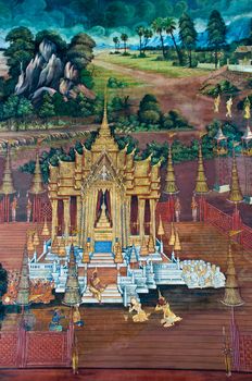 Thai Mural Painting on the wall, Wat Phra Kaew, Bangkok, Thailand (Ramayana story). The temple is created with money donated by people it is public domain and open to the public Visits.