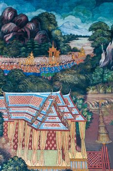 Thai Mural Painting on the wall, Wat Phra Kaew, Bangkok, Thailand (Ramayana story). The temple is created with money donated by people it is public domain and open to the public Visits.