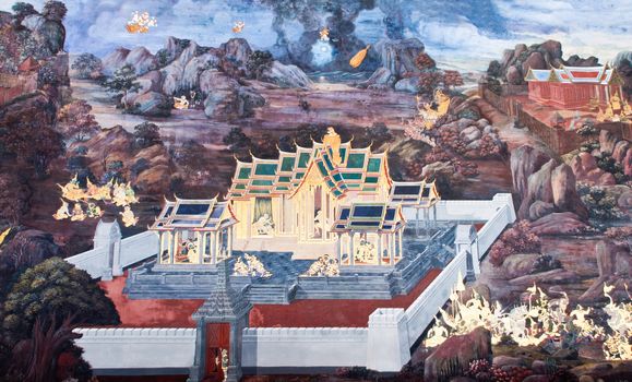 Thai Mural Painting on the wall, Wat Phra Kaew, Bangkok, Thailand (Ramayana story). The temple is created with money donated by people it is public domain and open to the public Visits.