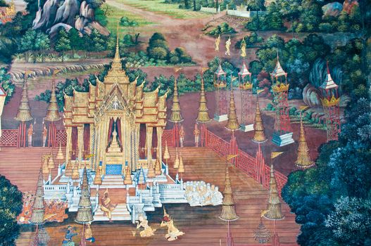 Thai Mural Painting on the wall, Wat Phra Kaew, Bangkok, Thailand (Ramayana story). The temple is created with money donated by people it is public domain and open to the public Visits.