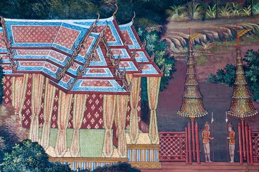 Thai Mural Painting on the wall, Wat Phra Kaew, Bangkok, Thailand (Ramayana story). The temple is created with money donated by people it is public domain and open to the public Visits.