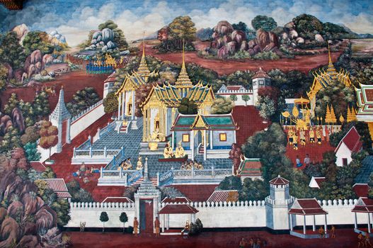 Thai Mural Painting on the wall, Wat Phra Kaew, Bangkok, Thailand (Ramayana story). The temple is created with money donated by people it is public domain and open to the public Visits.