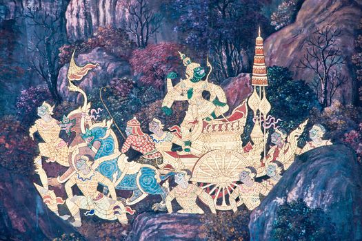 Thai Mural Painting on the wall, Wat Phra Kaew, Bangkok, Thailand (Ramayana story). The temple is created with money donated by people it is public domain and open to the public Visits.