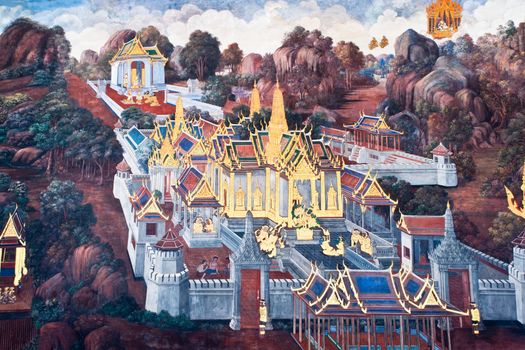 Thai Mural Painting on the wall, Wat Phra Kaew, Bangkok, Thailand (Ramayana story). The temple is created with money donated by people it is public domain and open to the public Visits.