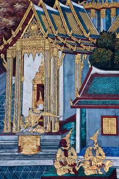 Thai Mural Painting on the wall, Wat Phra Kaew, Bangkok, Thailand (Ramayana story). The temple is created with money donated by people it is public domain and open to the public Visits.