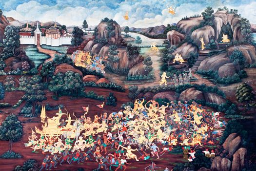 Thai Mural Painting on the wall, Wat Phra Kaew, Bangkok, Thailand (Ramayana story). The temple is created with money donated by people it is public domain and open to the public Visits.