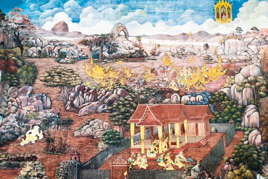 Thai Mural Painting on the wall, Wat Phra Kaew, Bangkok, Thailand (Ramayana story). The temple is created with money donated by people it is public domain and open to the public Visits.