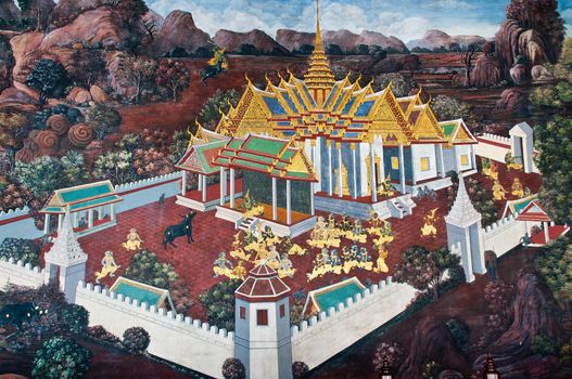 Thai Mural Painting on the wall, Wat Phra Kaew, Bangkok, Thailand (Ramayana story). The temple is created with money donated by people it is public domain and open to the public Visits.