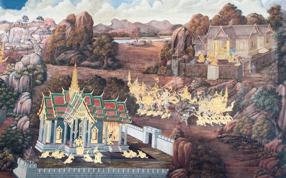 Thai Mural Painting on the wall, Wat Phra Kaew, Bangkok, Thailand (Ramayana story). The temple is created with money donated by people it is public domain and open to the public Visits.