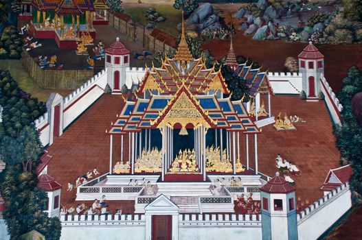 Thai Mural Painting on the wall, Wat Phra Kaew, Bangkok, Thailand (Ramayana story). The temple is created with money donated by people it is public domain and open to the public Visits.