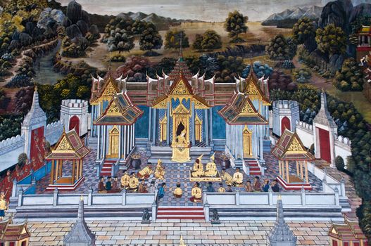 Thai Mural Painting on the wall, Wat Phra Kaew, Bangkok, Thailand (Ramayana story). The temple is created with money donated by people it is public domain and open to the public Visits.