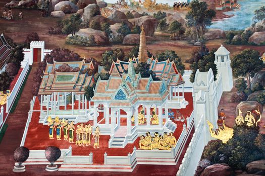 Thai Mural Painting on the wall, Wat Phra Kaew, Bangkok, Thailand (Ramayana story). The temple is created with money donated by people it is public domain and open to the public Visits.