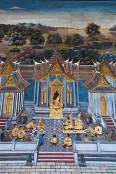 Thai Mural Painting on the wall, Wat Phra Kaew, Bangkok, Thailand (Ramayana story). The temple is created with money donated by people it is public domain and open to the public Visits.