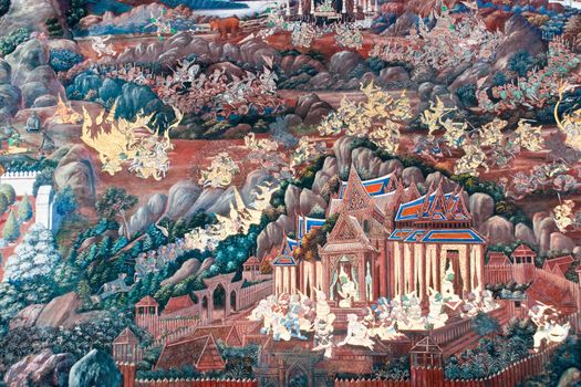 Thai Mural Painting on the wall, Wat Phra Kaew, Bangkok, Thailand (Ramayana story). The temple is created with money donated by people it is public domain and open to the public Visits.