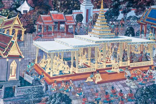 Thai Mural Painting on the wall, Wat Phra Kaew, Bangkok, Thailand (Ramayana story). The temple is created with money donated by people it is public domain and open to the public Visits.