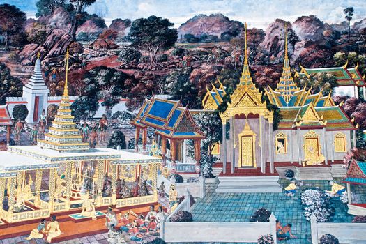 Thai Mural Painting on the wall, Wat Phra Kaew, Bangkok, Thailand (Ramayana story). The temple is created with money donated by people it is public domain and open to the public Visits.