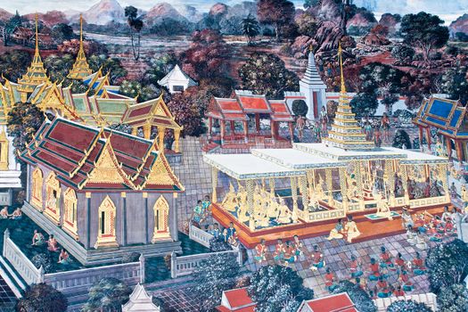 Thai Mural Painting on the wall, Wat Phra Kaew, Bangkok, Thailand (Ramayana story). The temple is created with money donated by people it is public domain and open to the public Visits.