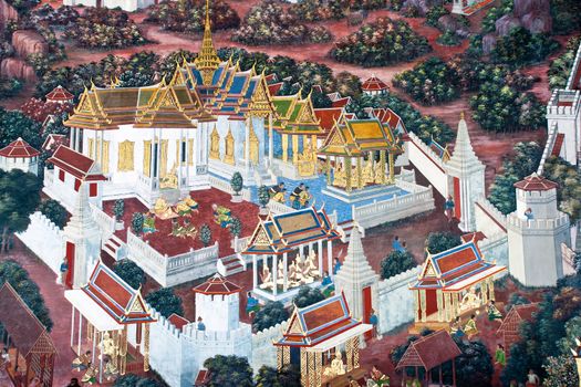 Thai Mural Painting on the wall, Wat Phra Kaew, Bangkok, Thailand (Ramayana story). The temple is created with money donated by people it is public domain and open to the public Visits.