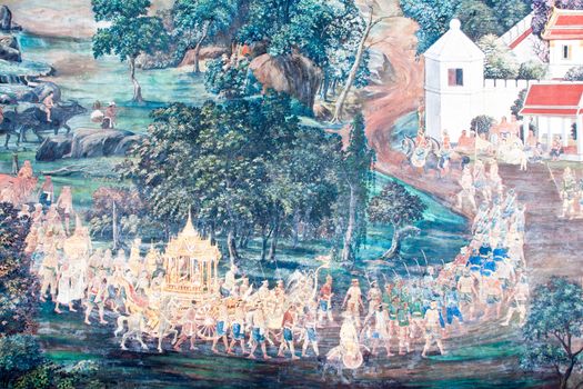 Thai Mural Painting on the wall, Wat Phra Kaew, Bangkok, Thailand (Ramayana story). The temple is created with money donated by people it is public domain and open to the public Visits.