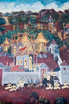 Thai Mural Painting on the wall, Wat Phra Kaew, Bangkok, Thailand (Ramayana story). The temple is created with money donated by people it is public domain and open to the public Visits.