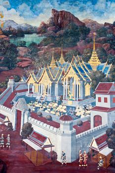 Thai Mural Painting on the wall, Wat Phra Kaew, Bangkok, Thailand (Ramayana story). The temple is created with money donated by people it is public domain and open to the public Visits.