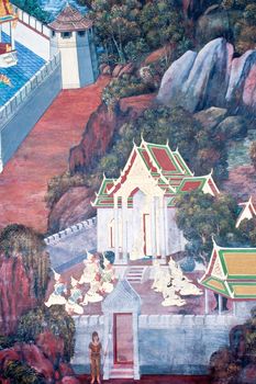 Thai Mural Painting on the wall, Wat Phra Kaew, Bangkok, Thailand (Ramayana story). The temple is created with money donated by people it is public domain and open to the public Visits.